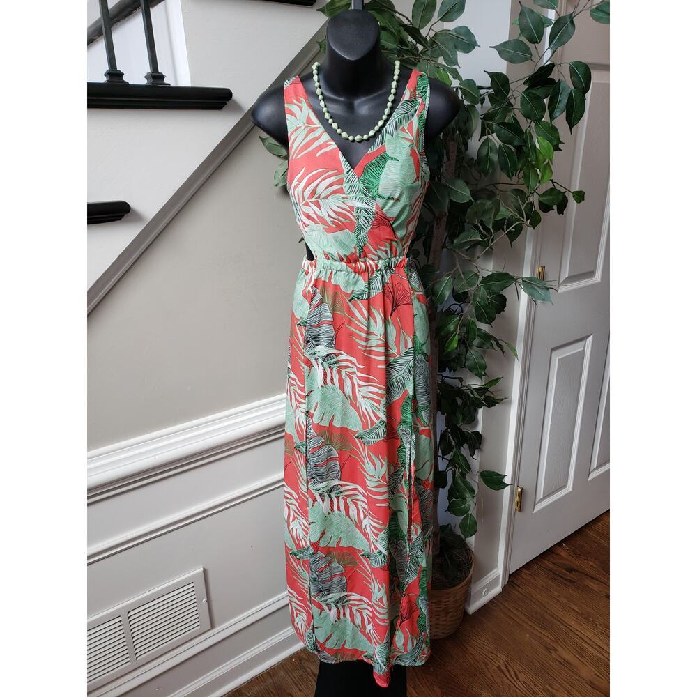 SHEIN Long Maxi Dress Women's Medium Multi Tropical Print Cutout Crossover Split